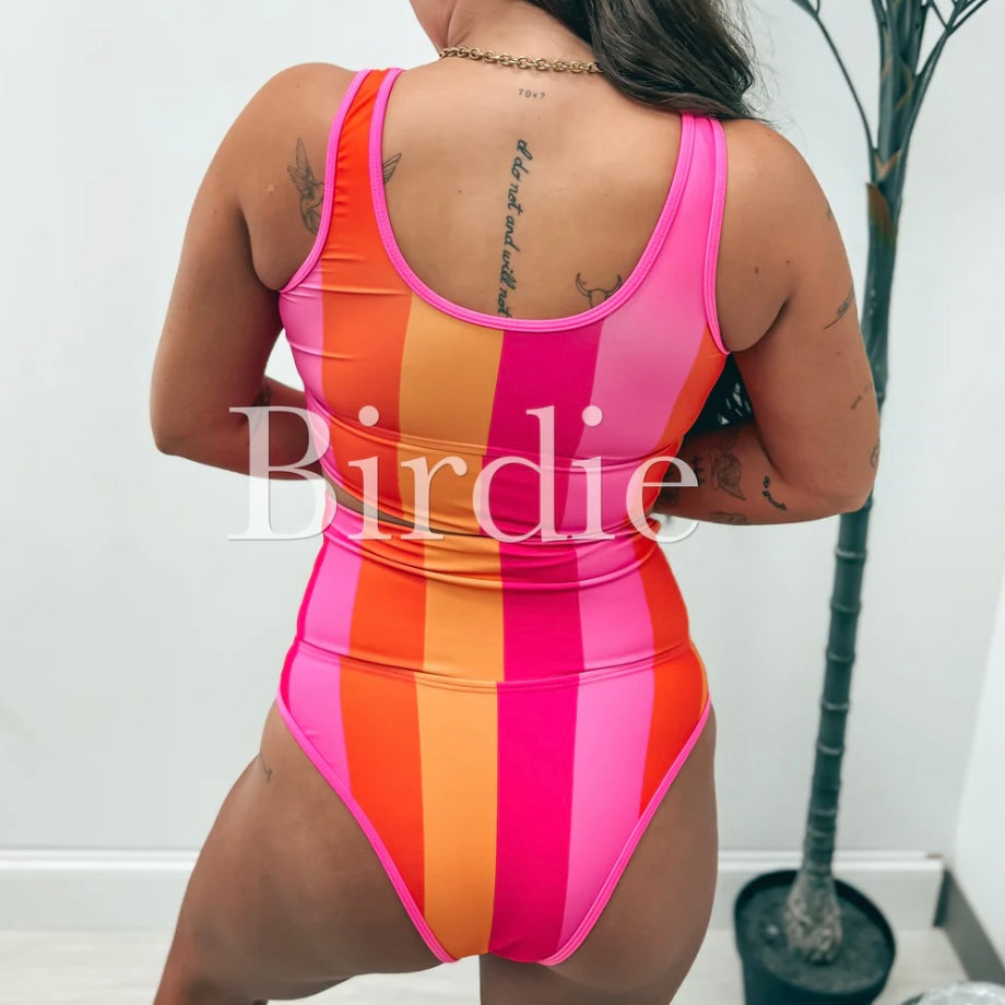 BIRDIE PREORDER Two Piece Swimsuit in Pink Lemonade Striped (Sold as Set)