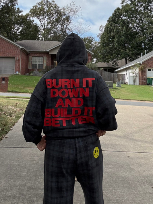 Burn it down and build it better Plaid Color Block Hoodie