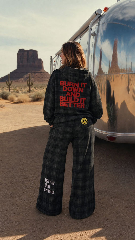Burn it down and build it better Plaid Color Block Hoodie