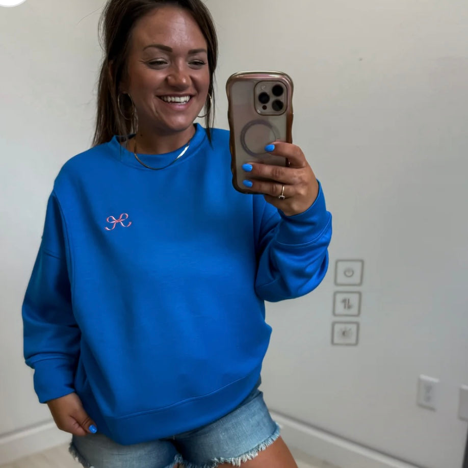 BIRDIE Pink Bow Embroidered Marine Scuba Pullover-ready to ship!