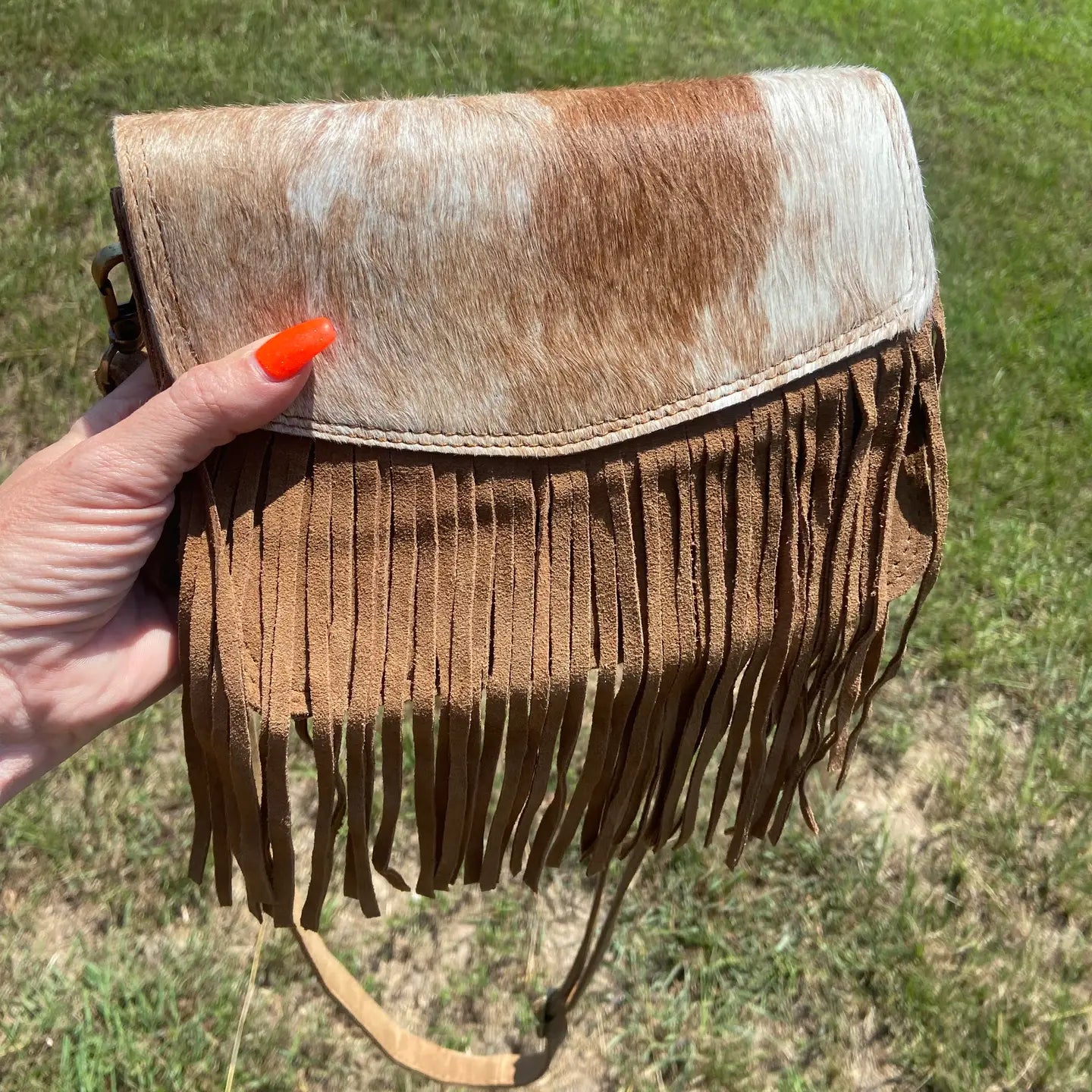 Cowhide and Tan Suede Fringe Western Purse Crossbody