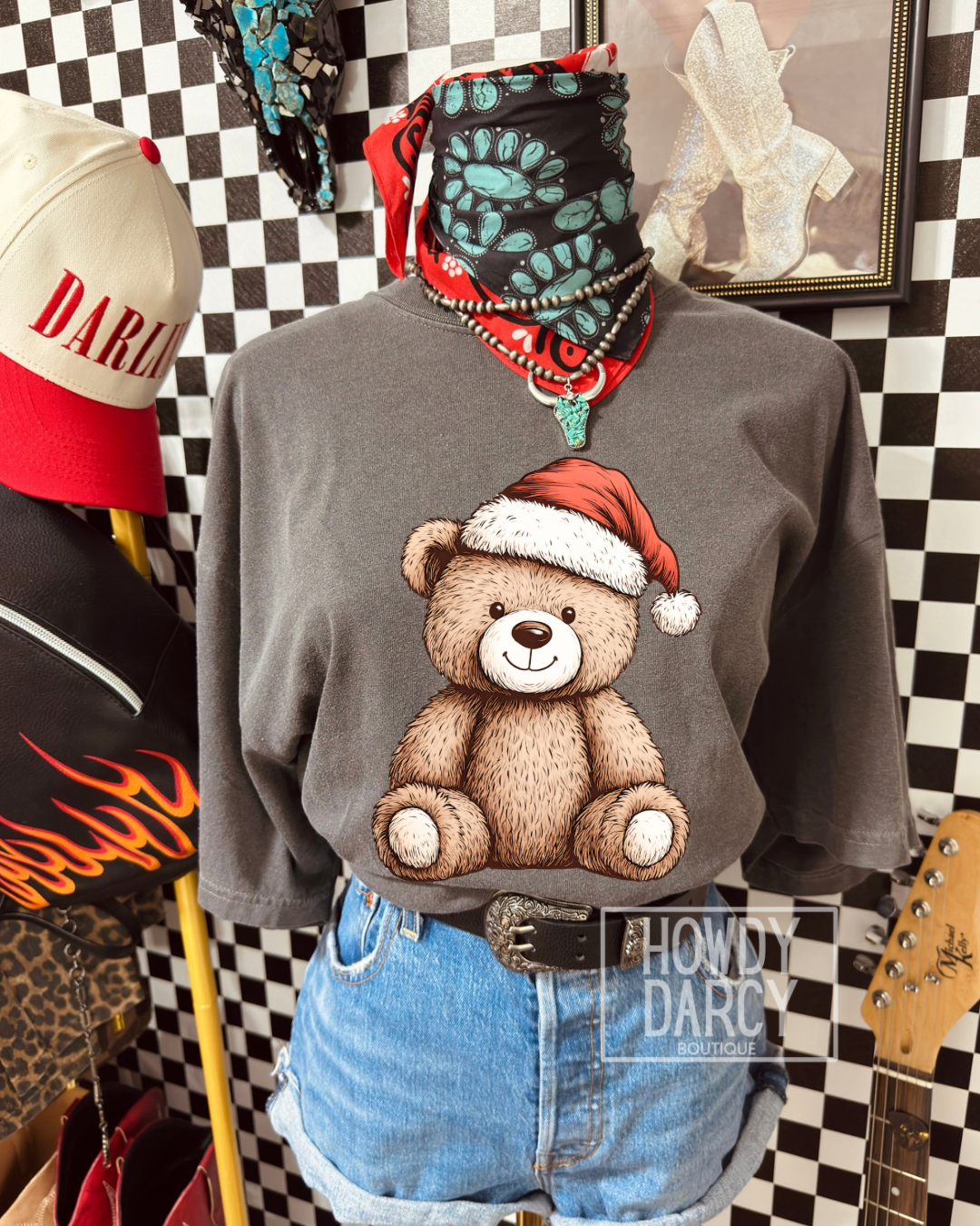 Christmas Teddy Graphic Crewneck in Charcoal or tee in Graphite