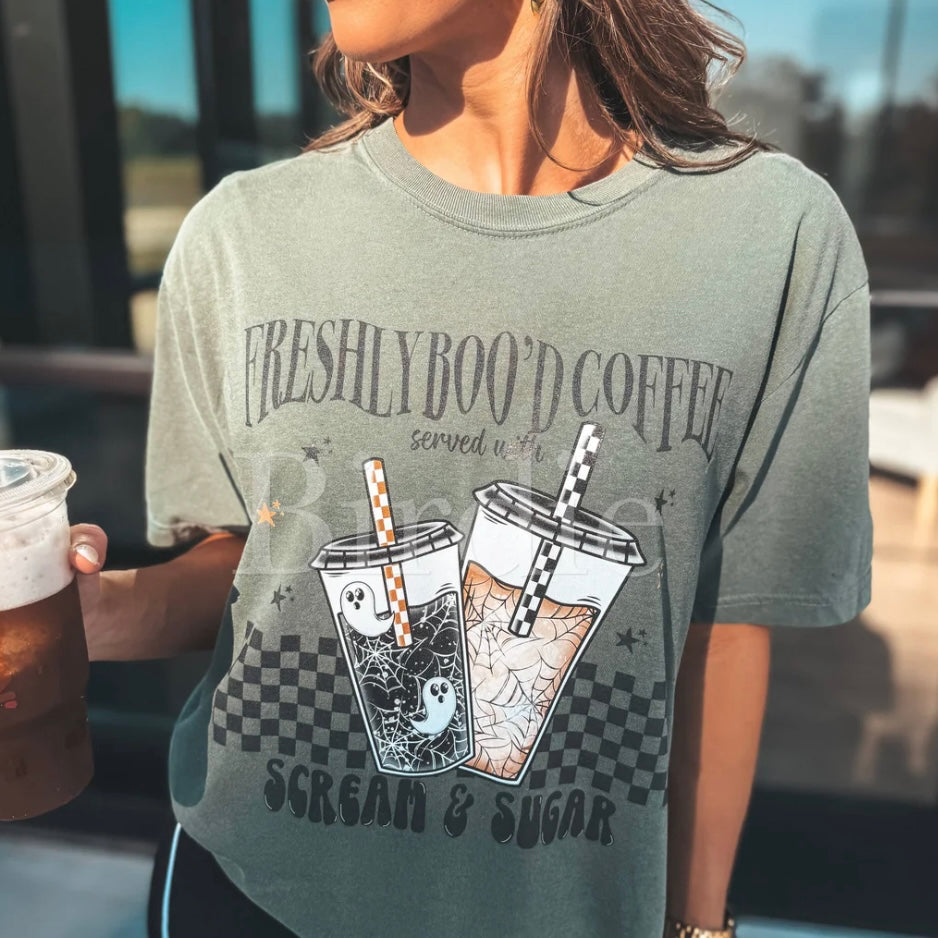Freshly Boo'D Coffee Graphic Tee on Moss pre order