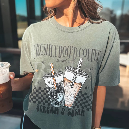 Freshly Boo'D Coffee Graphic Tee on Moss pre order