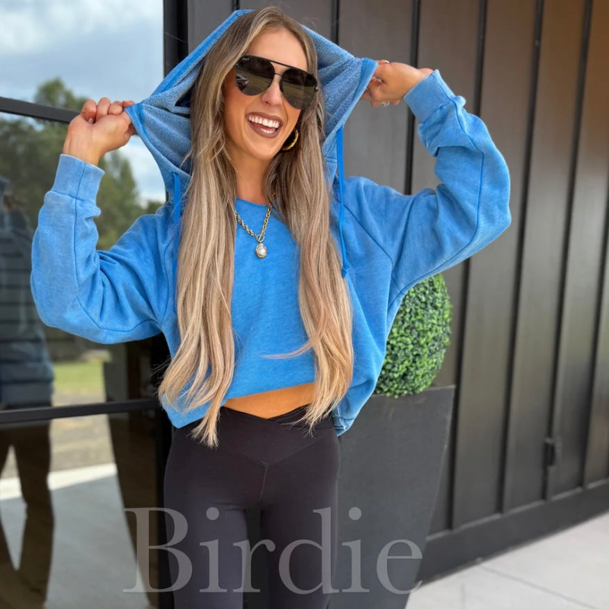 BIRDIE on sale LIMITED TIME ONLY!!! Split Neck Rounded Hem Ash Wash Pullover in Sonic Blue