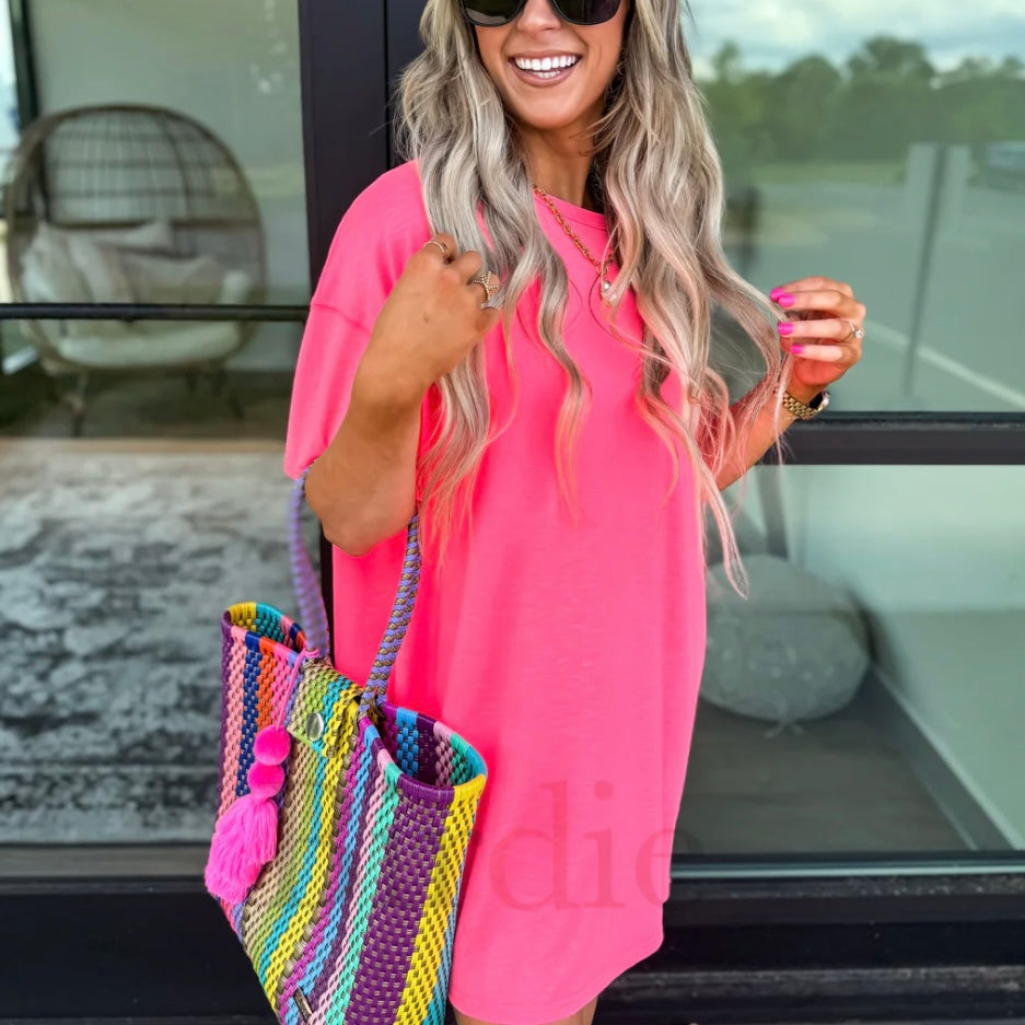 Birdie Hot Pink Relaxed Lightweight Slub Dress