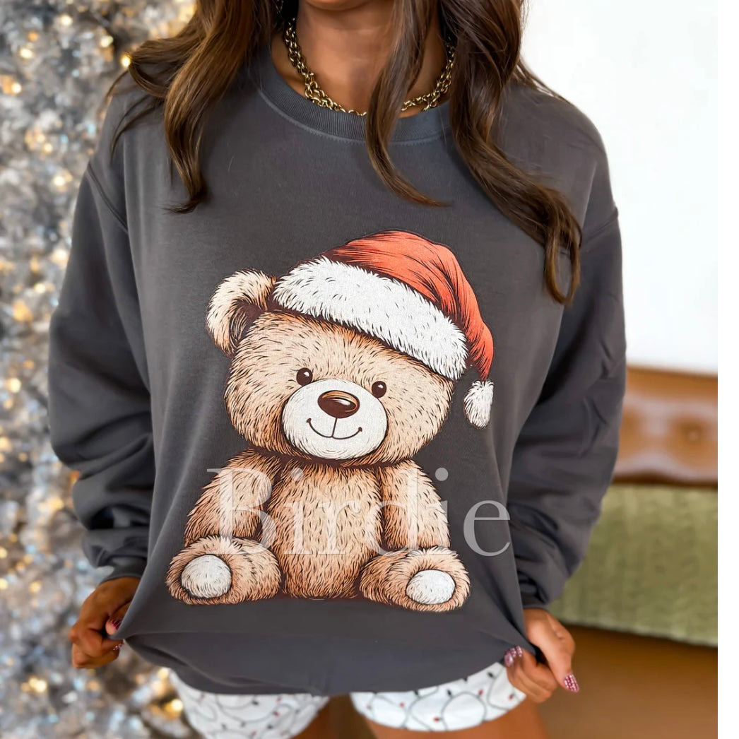 Christmas Teddy Graphic Crewneck in Charcoal or tee in Graphite