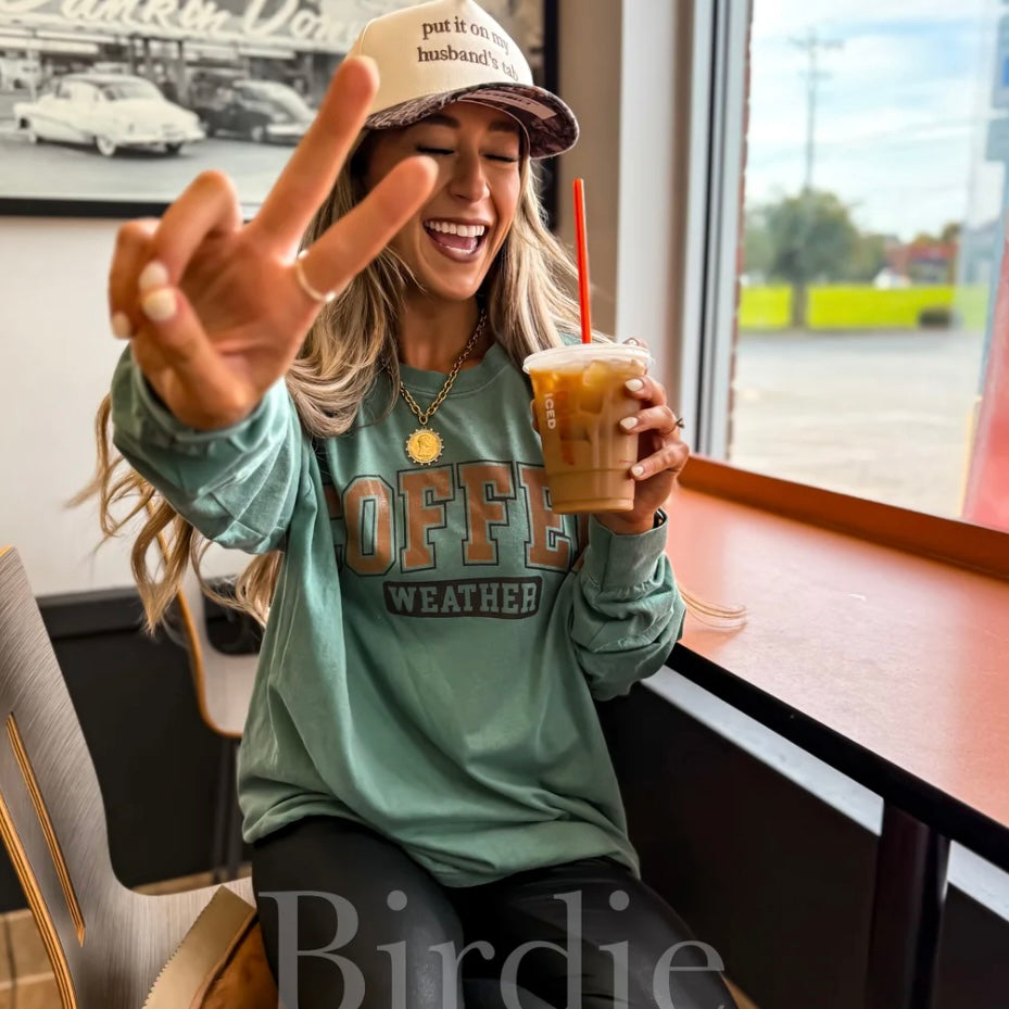 Coffee Weather Long Sleeve Graphic Tee on Lt Green pre order