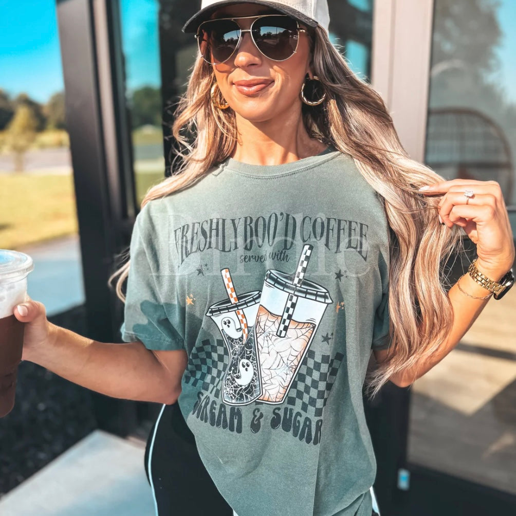 Freshly Boo'D Coffee Graphic Tee on Moss pre order