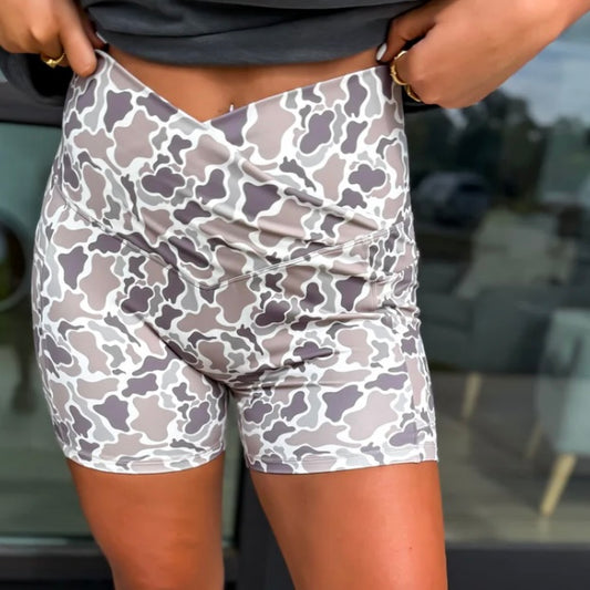 BIRDIE Duck Camo Crossover Waist Active Biker Shorts pre order