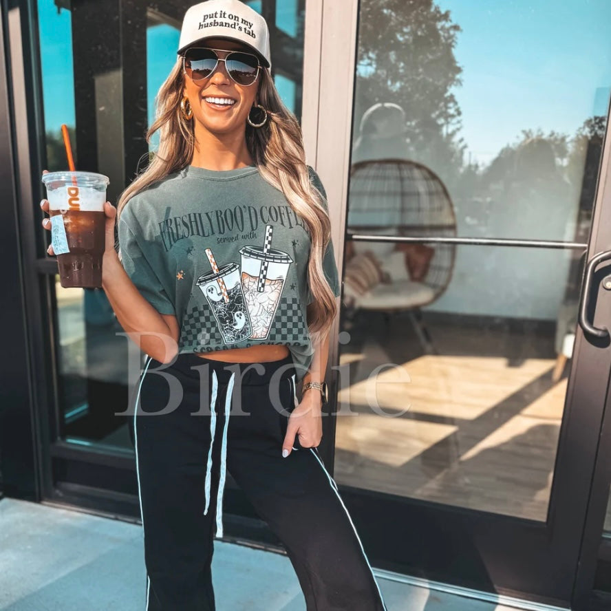 Freshly Boo'D Coffee Graphic Tee on Moss pre order