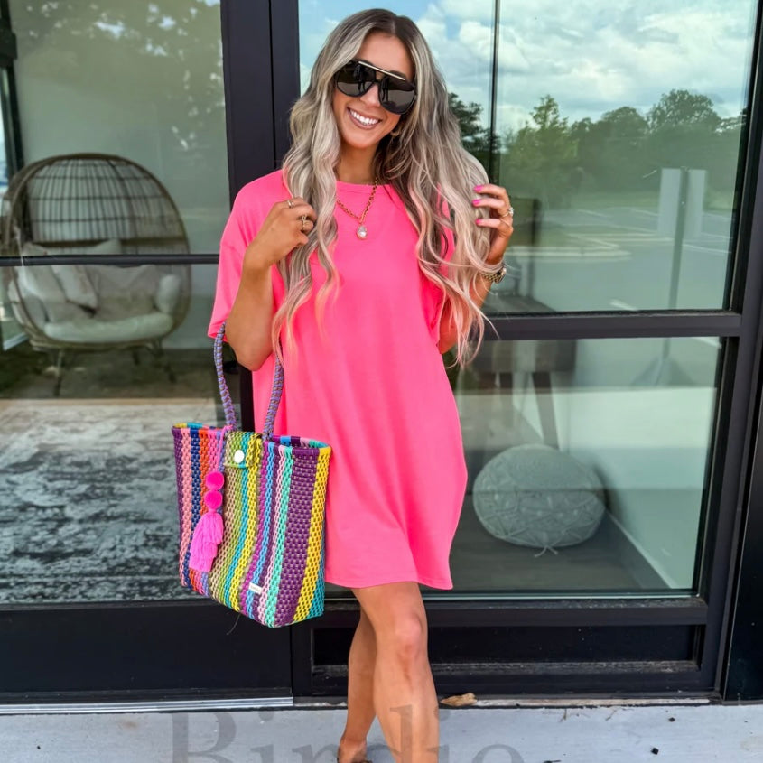 Birdie Hot Pink Relaxed Lightweight Slub Dress