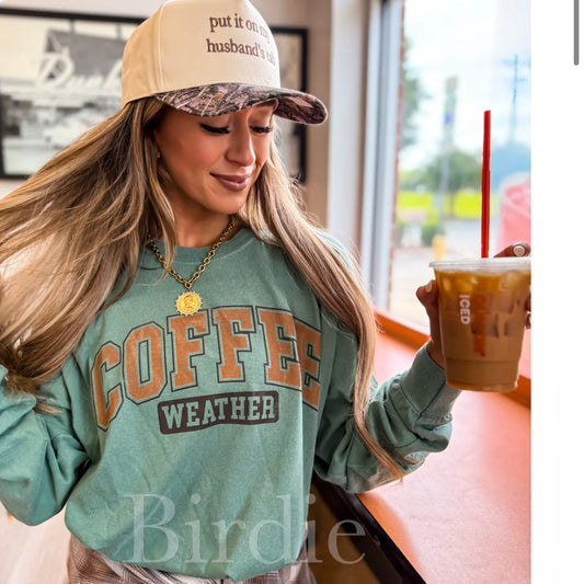 Coffee Weather Long Sleeve Graphic Tee on Lt Green pre order