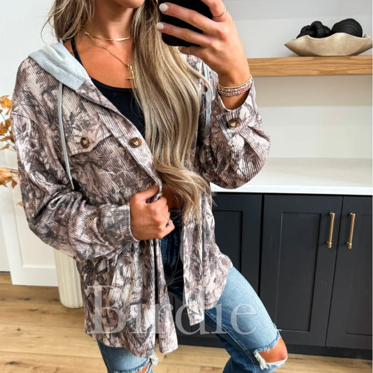 BIRDIE PREORDER Ribbed Shacket with Gray Hood in Dark Camo