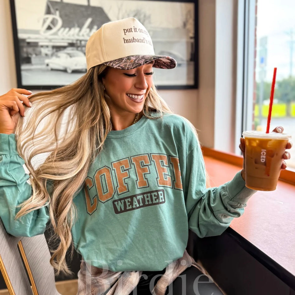 Coffee Weather Long Sleeve Graphic Tee on Lt Green pre order