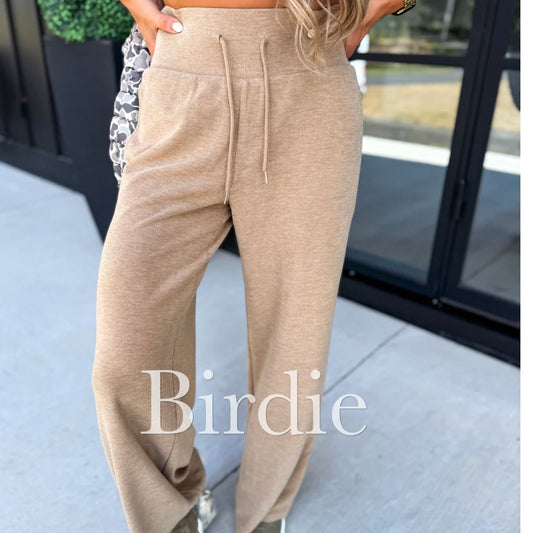 BIRDIE PREORDER Ribbed Wide Leg Pants with Tummy Control in Tan
