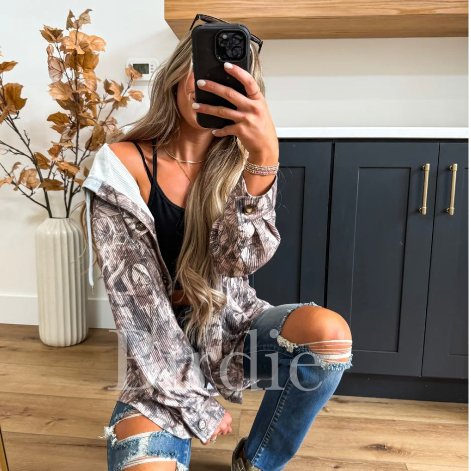 BIRDIE PREORDER Ribbed Shacket with Gray Hood in Dark Camo