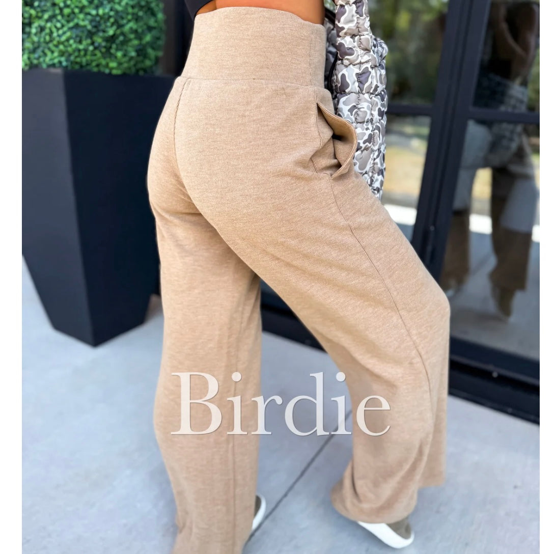 BIRDIE PREORDER Ribbed Wide Leg Pants with Tummy Control in Tan