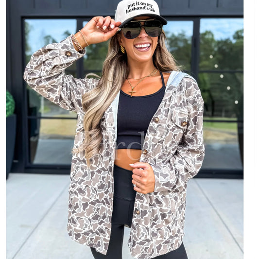 BIRDIE PREORDER Ribbed Shacket with Gray Hood in Duck Camo