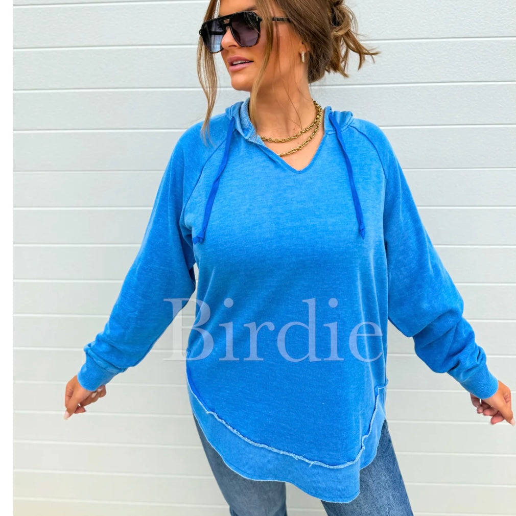 BIRDIE on sale LIMITED TIME ONLY!!! Split Neck Rounded Hem Ash Wash Pullover in Sonic Blue