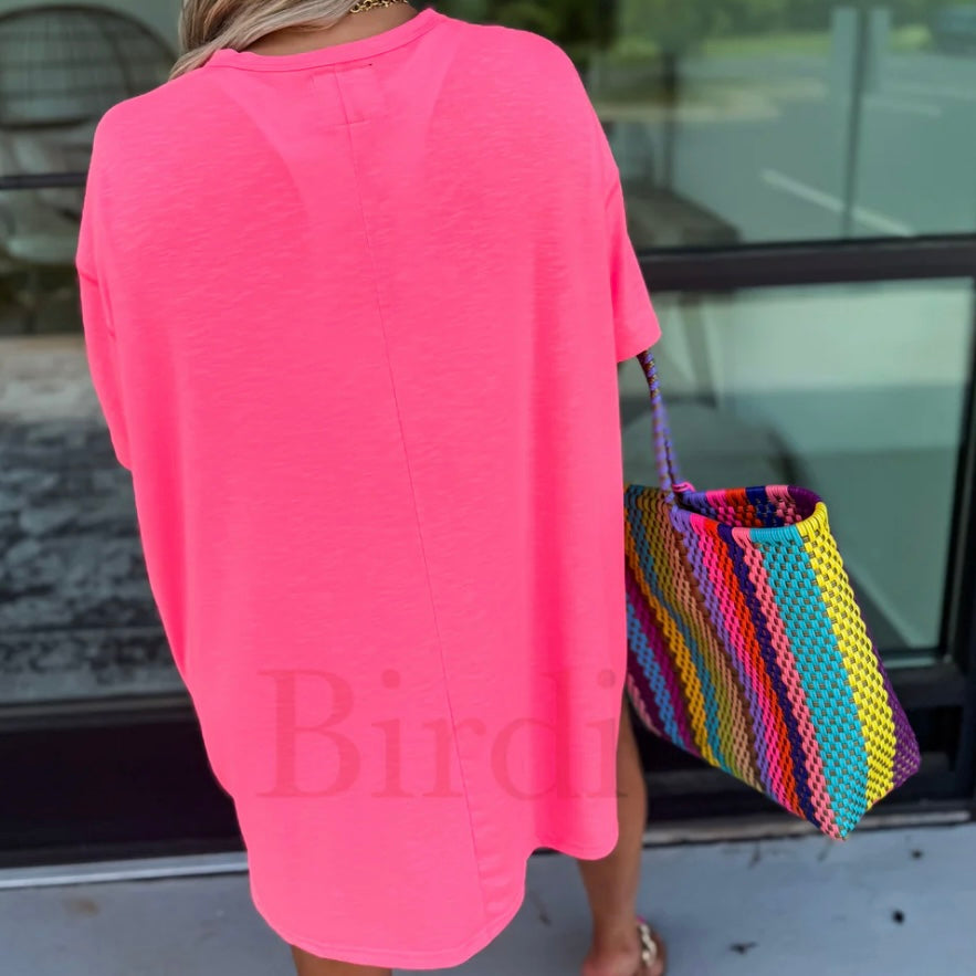 Birdie Hot Pink Relaxed Lightweight Slub Dress