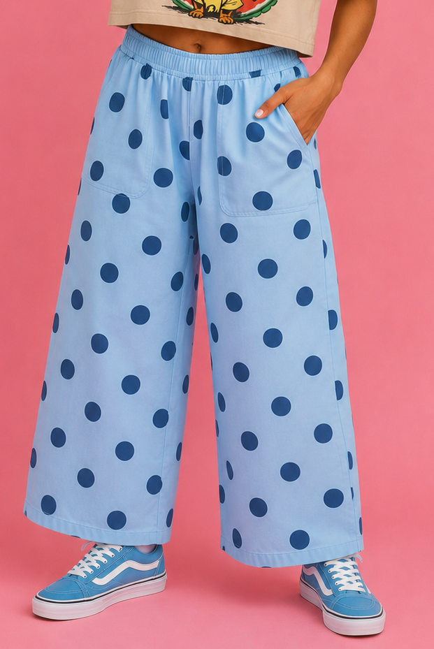 Sky Blue Polka Dot Elastic Waist Pocketed Wide Leg Pants pre order