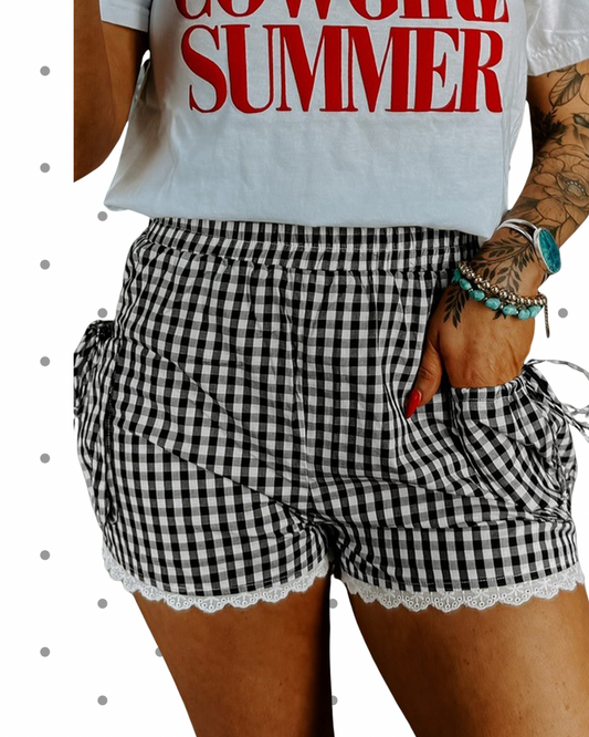 Black Gingham Lace Trim Shorts with Pouch Pockets