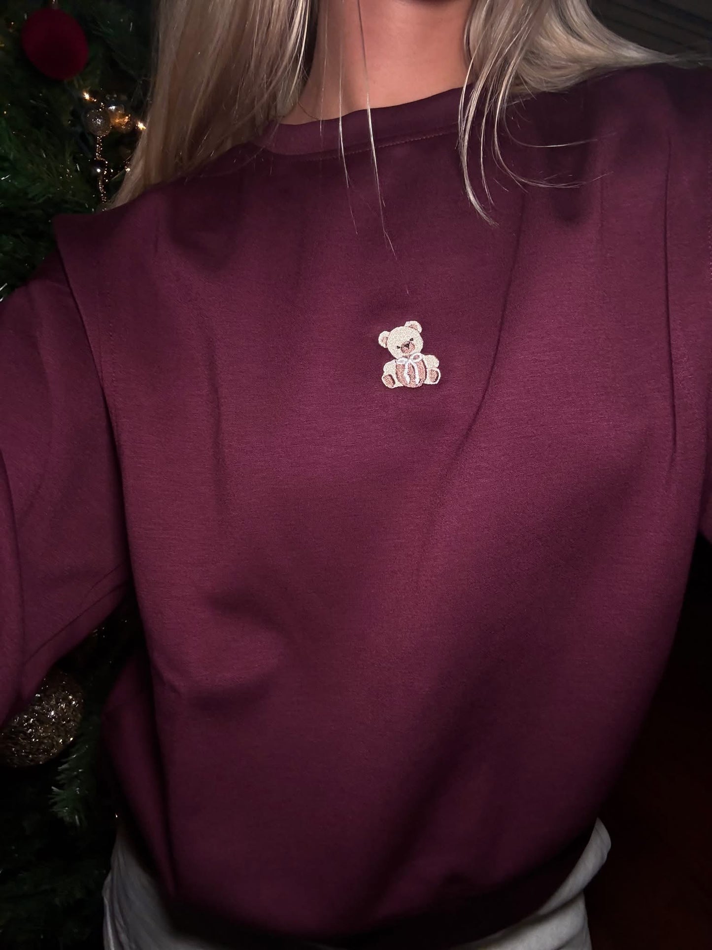 BIRDIE Teddy Bear Embroidered Maroon Scuba Hoodie-ready to ship