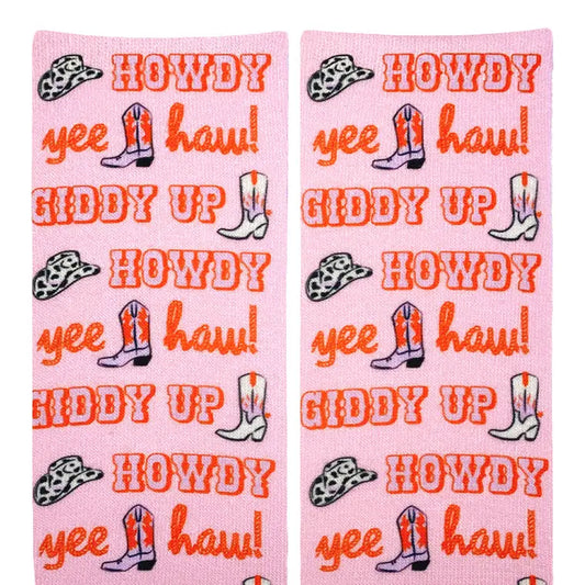 Novelty Graphic Ankle Socks - Western Cowgirl - "Howdy"-Pink