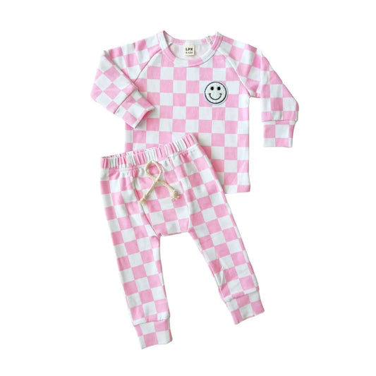 Checkered Smiley Lounge Set | Pink