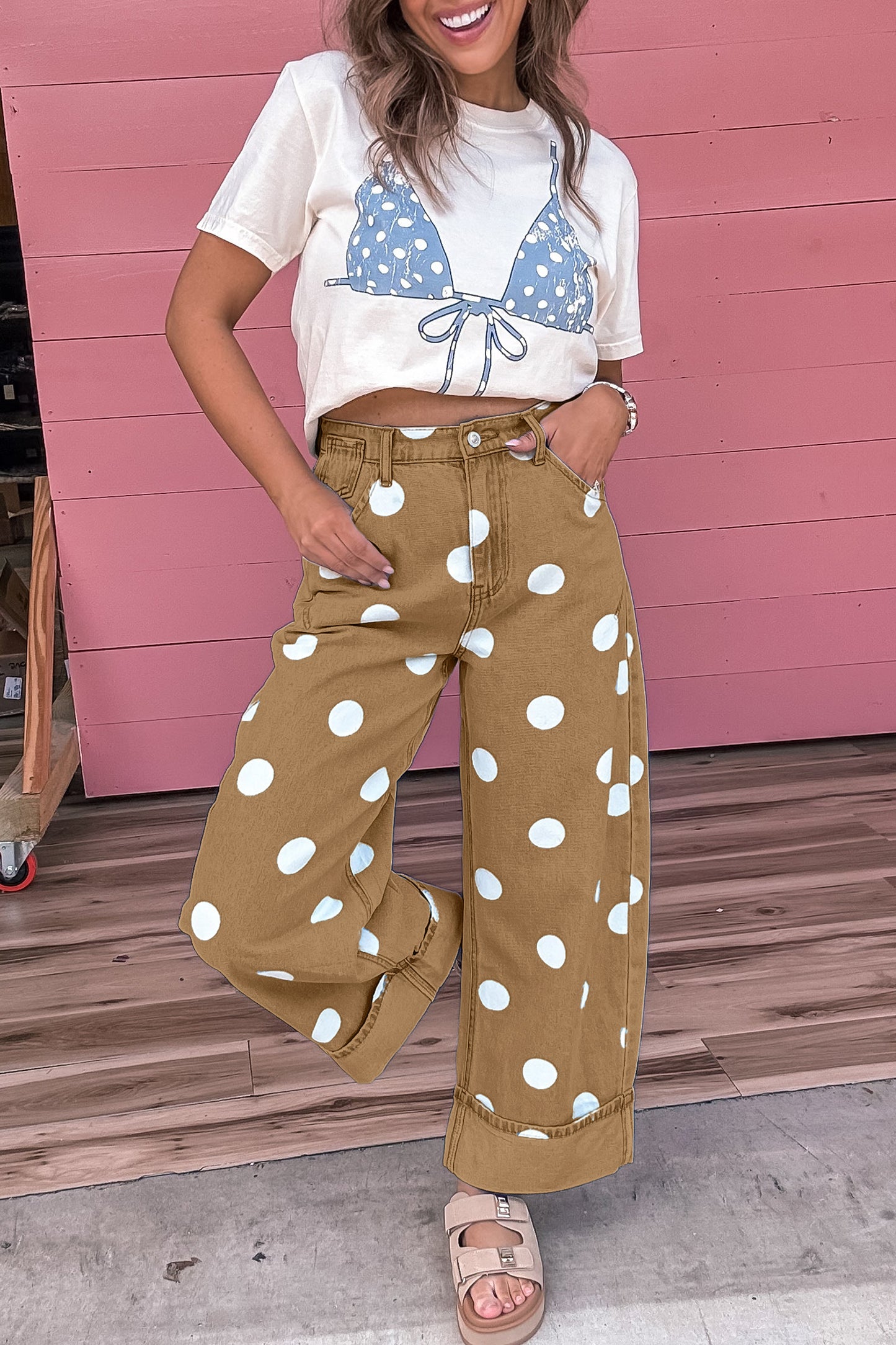 Sky Blue Polka Dot Ankle-Length Metal Button Casual Jeans