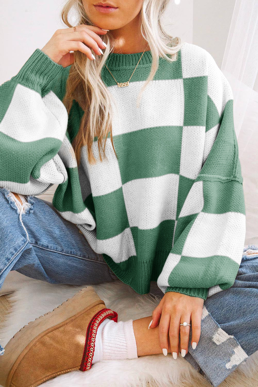 Rosy Checkered Bishop Sleeve Sweater