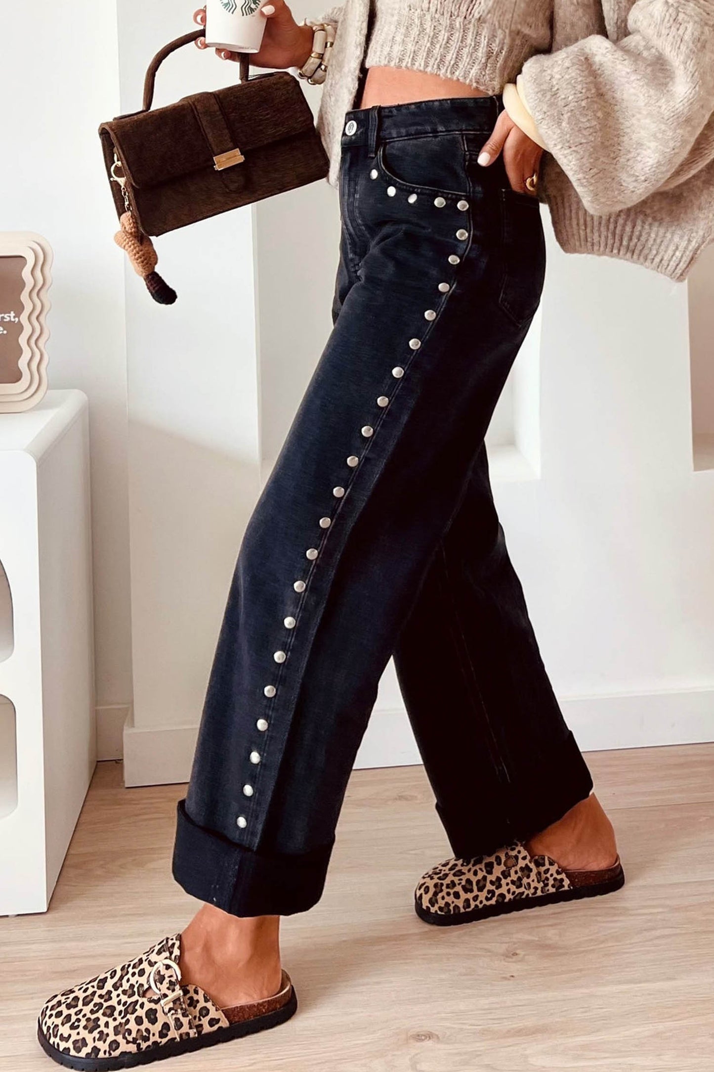 Black Decorative Studs Casual Daily Wear Jeans