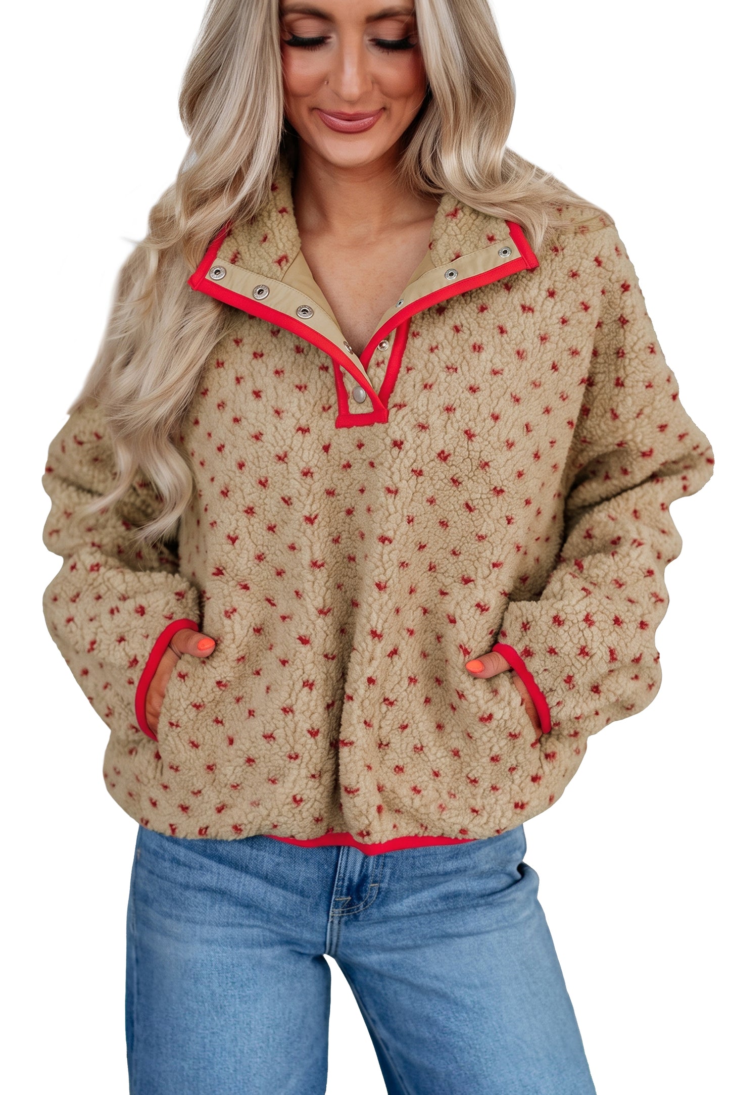 Khaki Heart Pattern Fleece Colorblock Collar Long Sleeve Sweatshirt