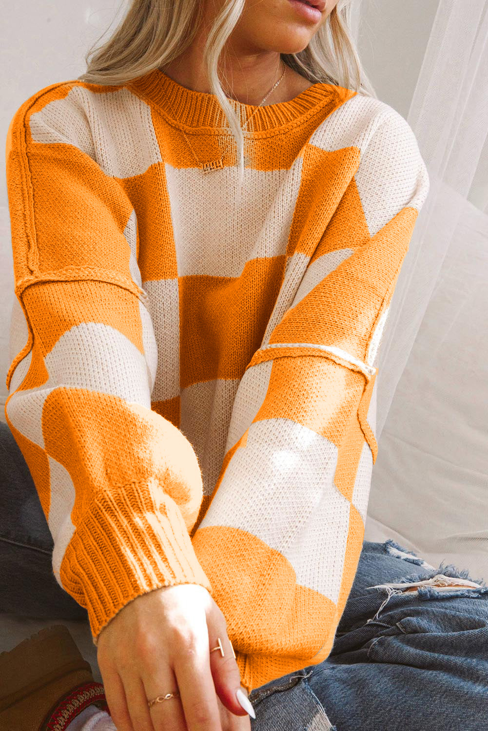 Rosy Checkered Bishop Sleeve Sweater