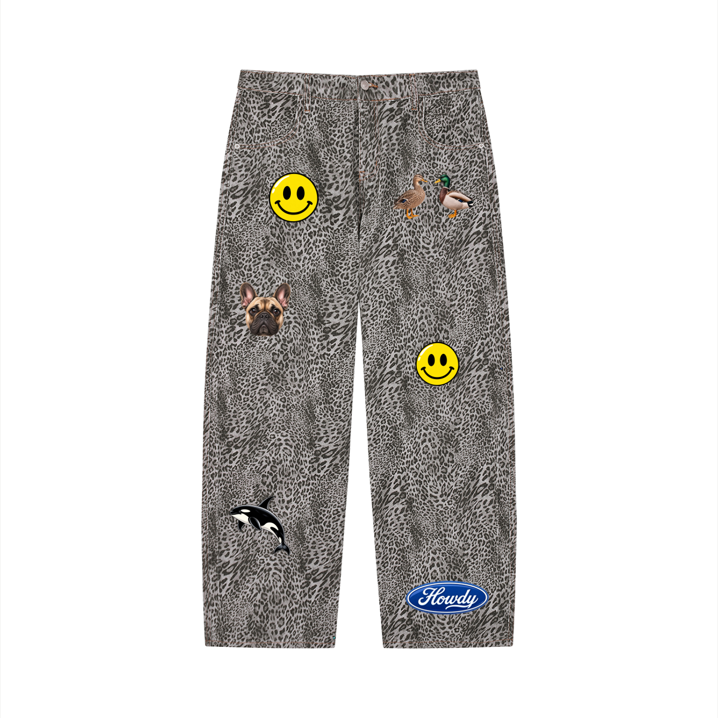 Unisex Vintage Wash Leopard Wide Leg Jeans