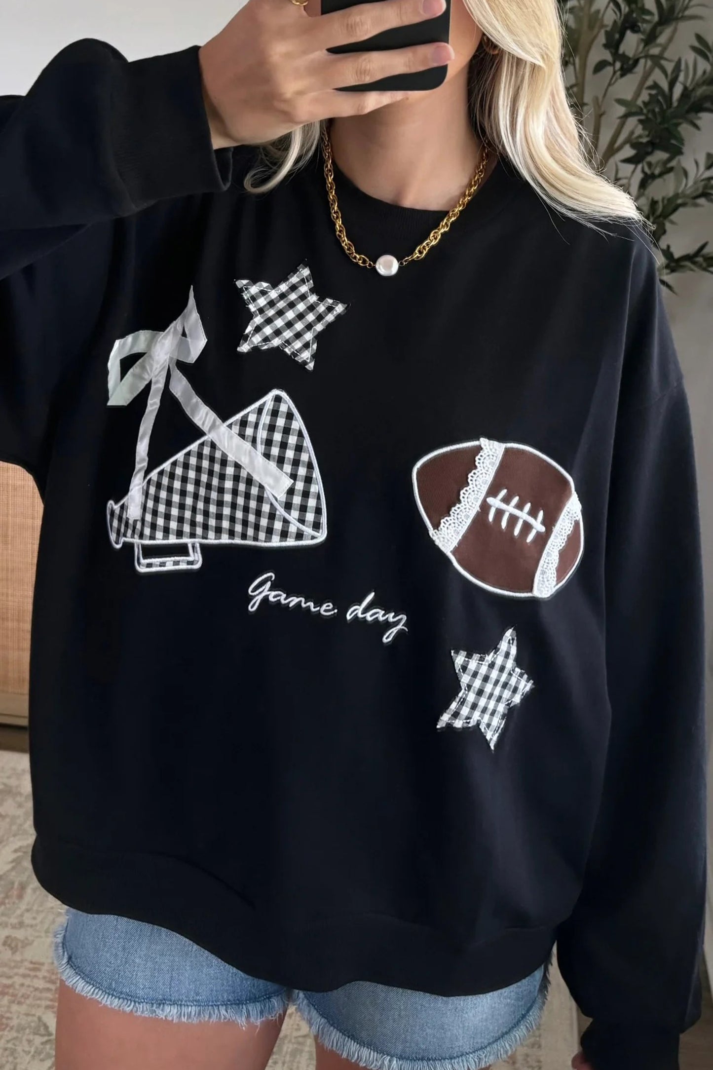 Black Gingham Patch Embroidered Rugby Game Day Stars Sweatshirt
