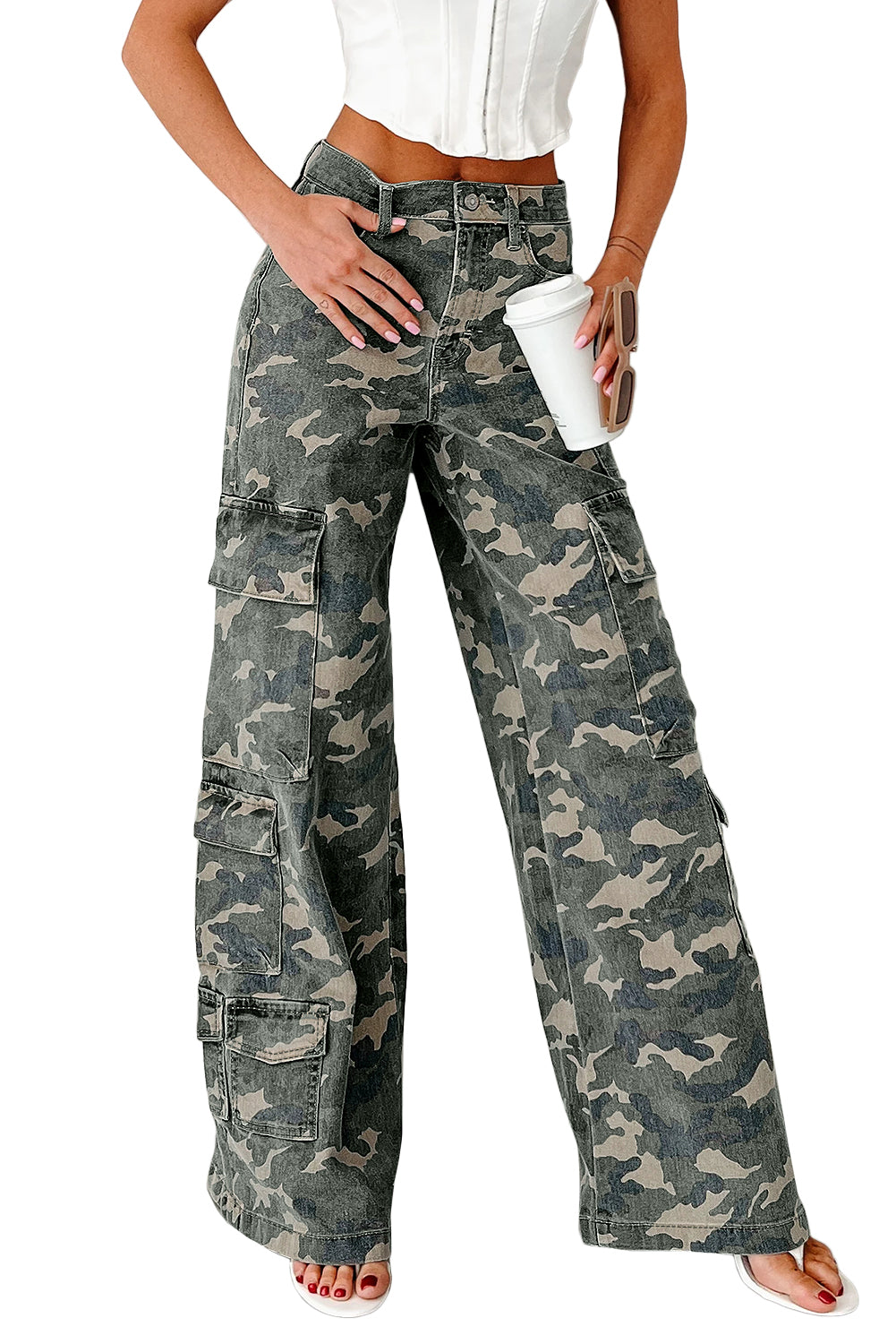 Green Camo Denim Cargo Wide Leg Pants