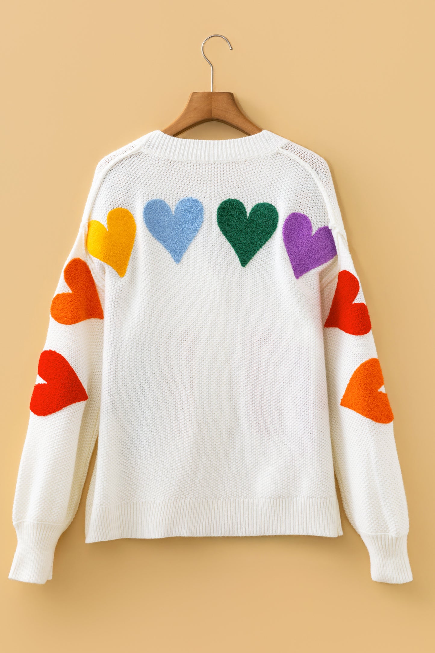 White V Neck Drop Shoulder Button Up Slogan Knit Cardigan