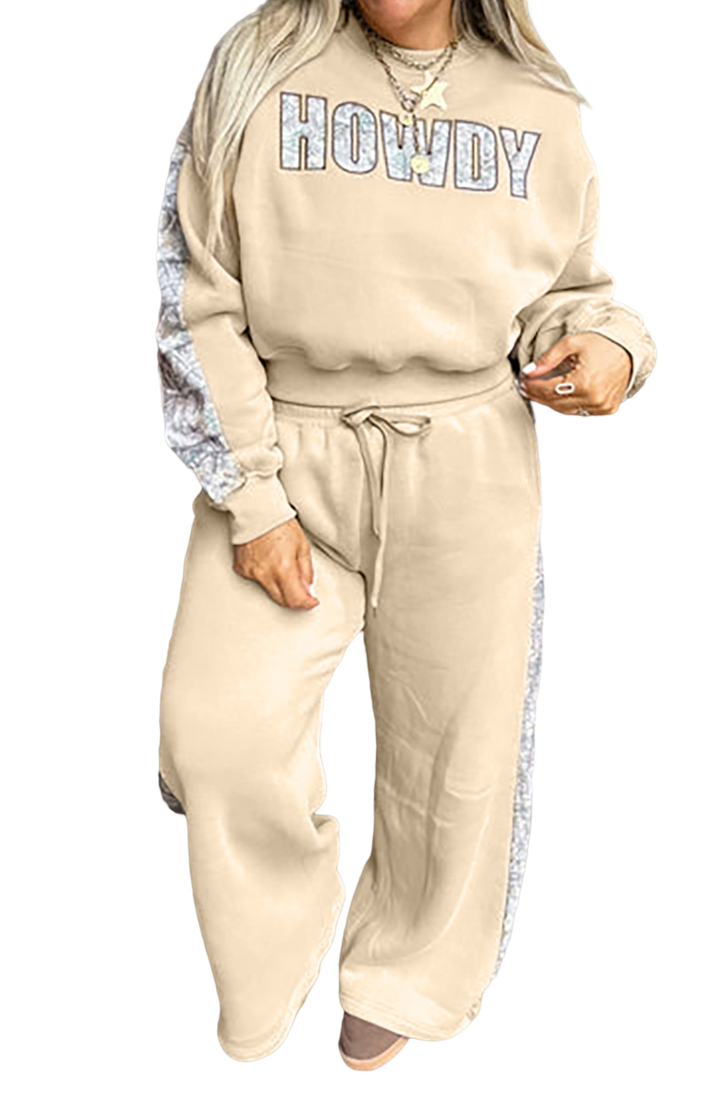 Parchment HOWDY Letter Print Colorblock Side Stripe Long Sleeve Plus Size Set