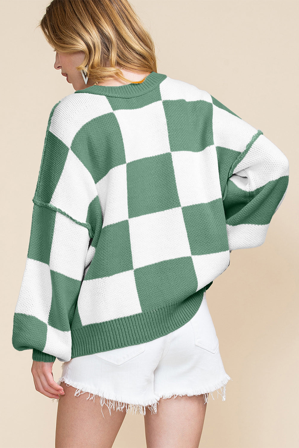 Rosy Checkered Bishop Sleeve Sweater