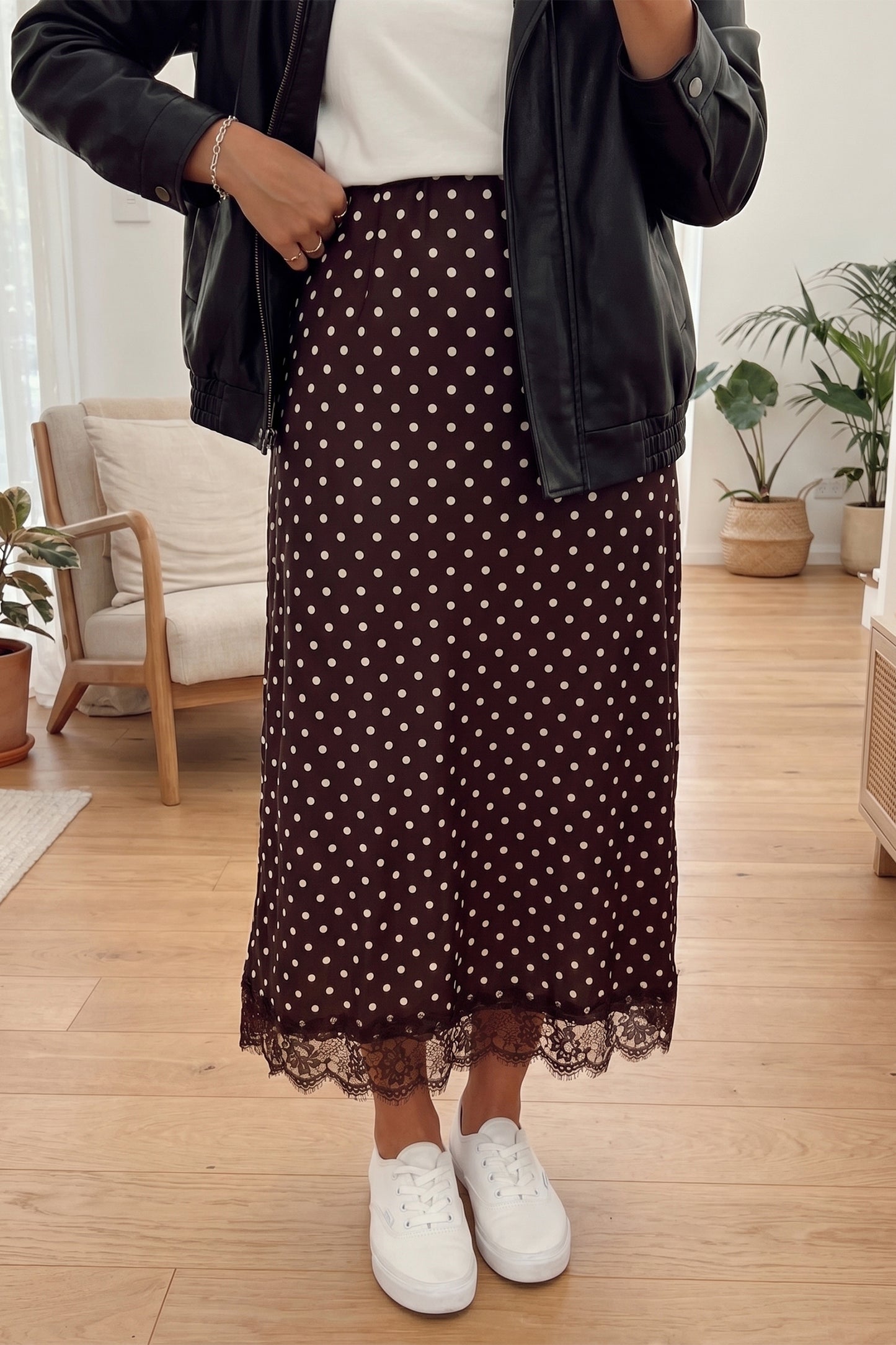 Khaki Polka Dot Lace Hem Elegant Long Shift Skirt