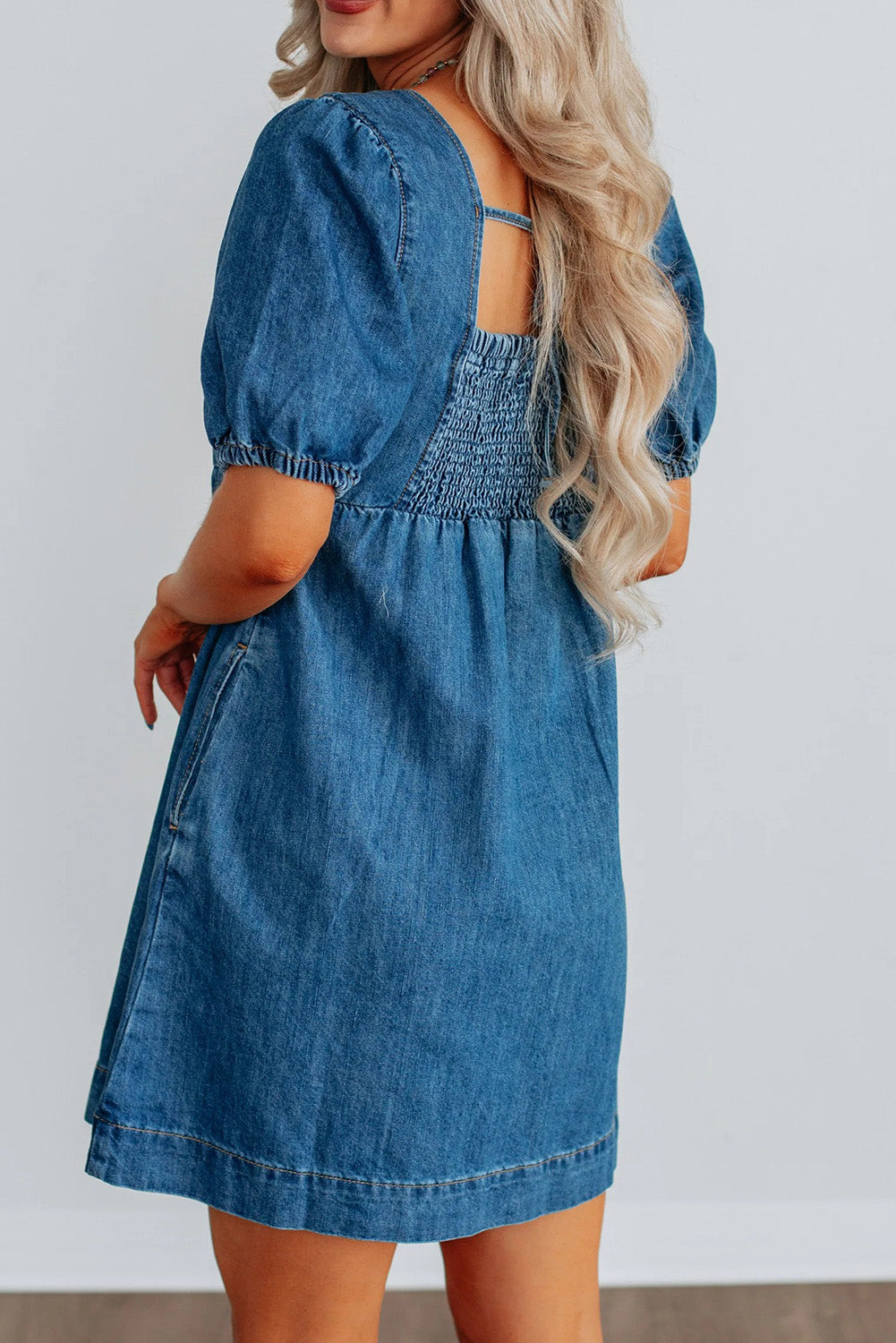 Prussian Blue Button Square Neck Short Puff Sleeve Denim Mini Dress