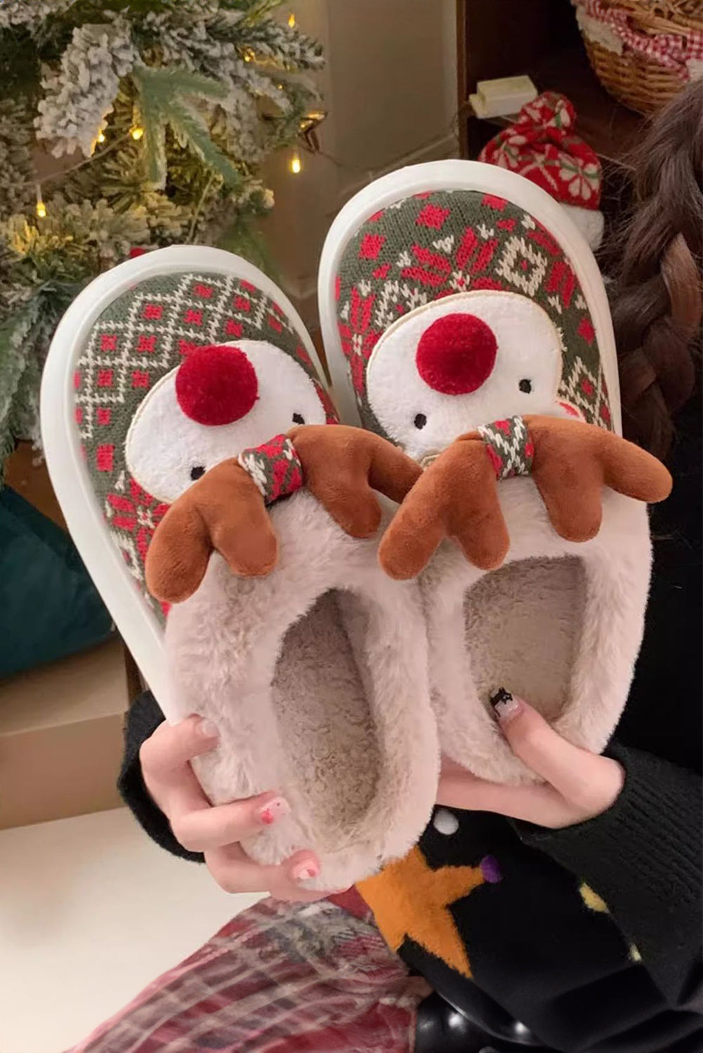 Fiery Red Christmas Cartoon Reindeer Plush Home Slippers