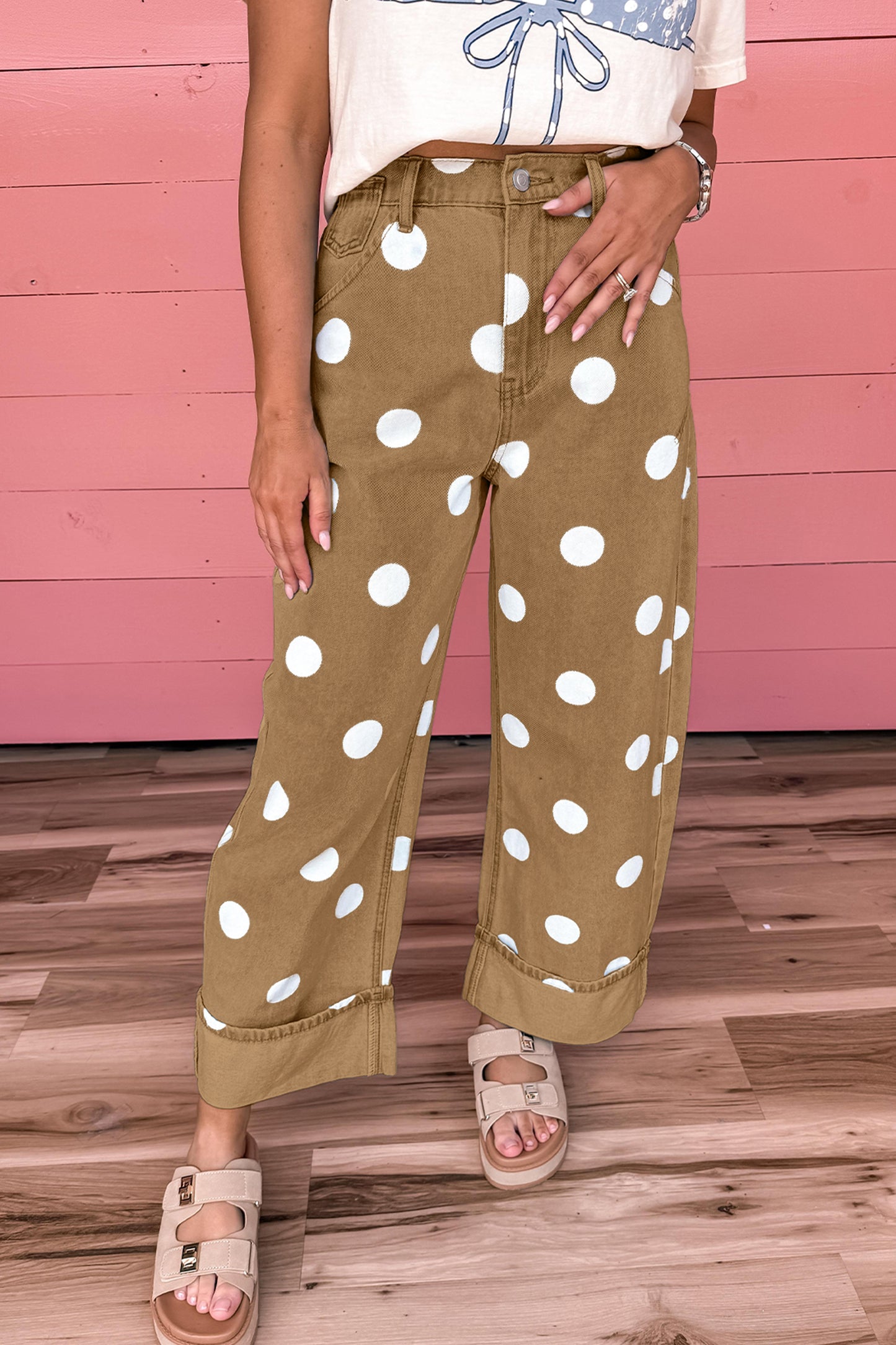 Sky Blue Polka Dot Ankle-Length Metal Button Casual Jeans