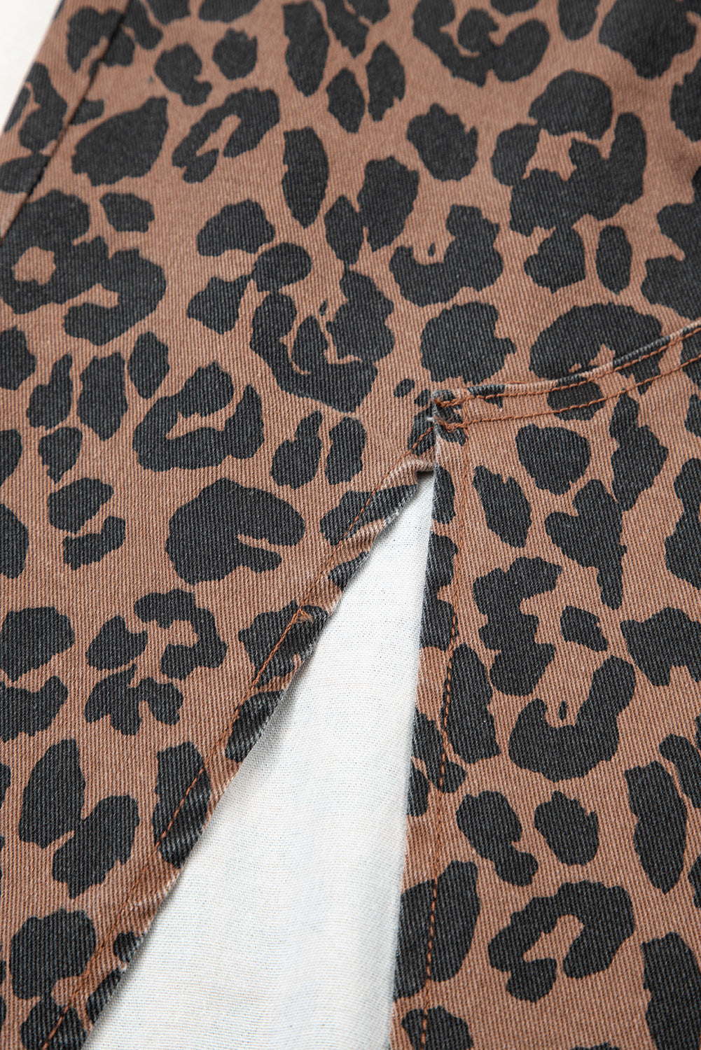Brown Leopard Print Frayed Edge Denim Skirt Long Casual Daily Wear