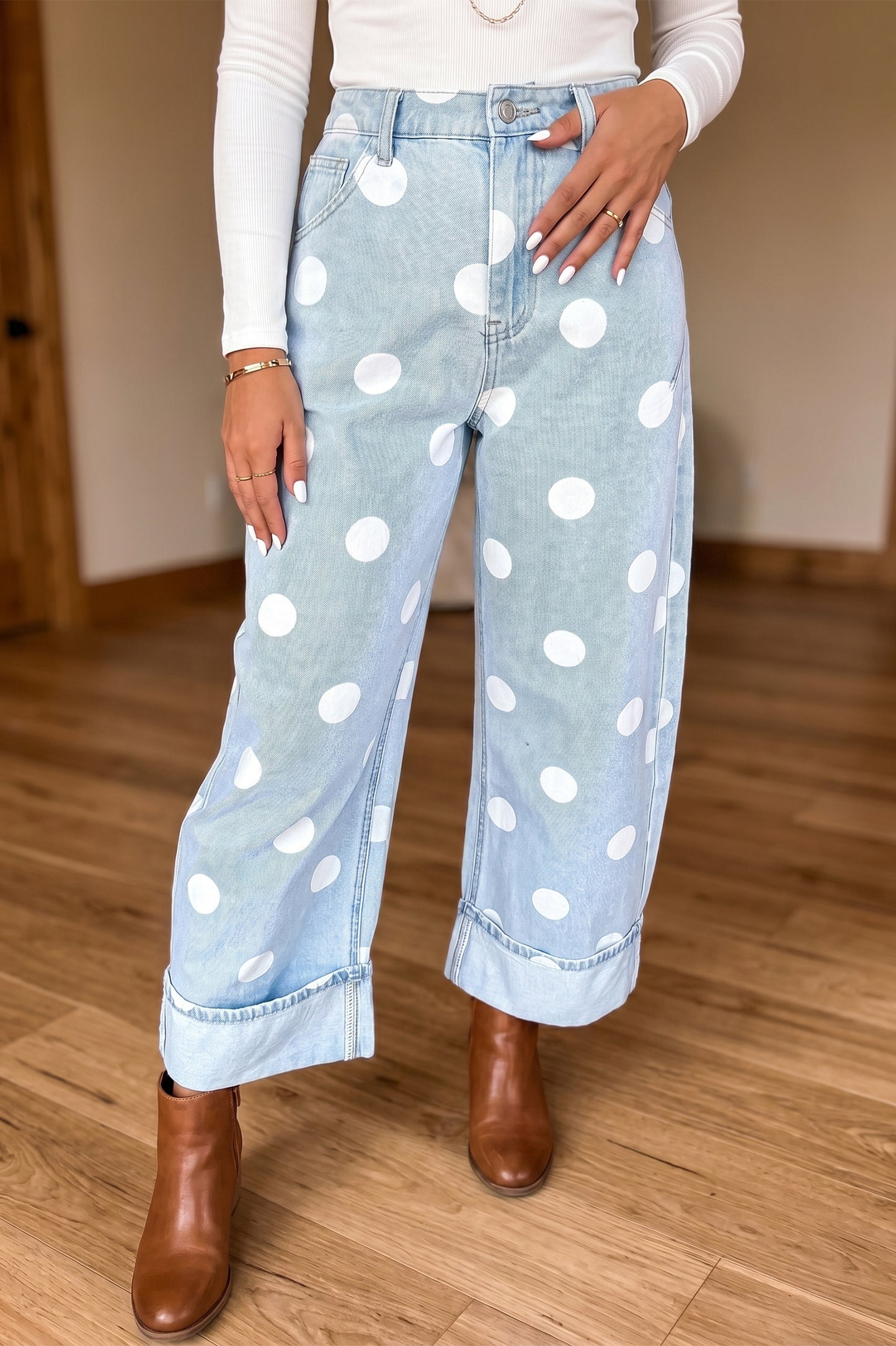 Sky Blue Polka Dot Ankle-Length Metal Button Casual Jeans