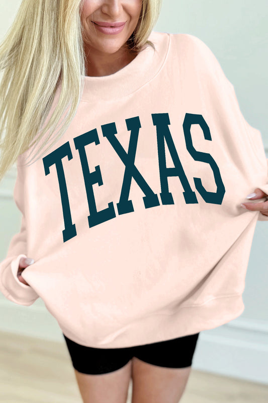 Apricot Pink TEXAS Letter Printed Mock Neck Baggy Sweatshirt