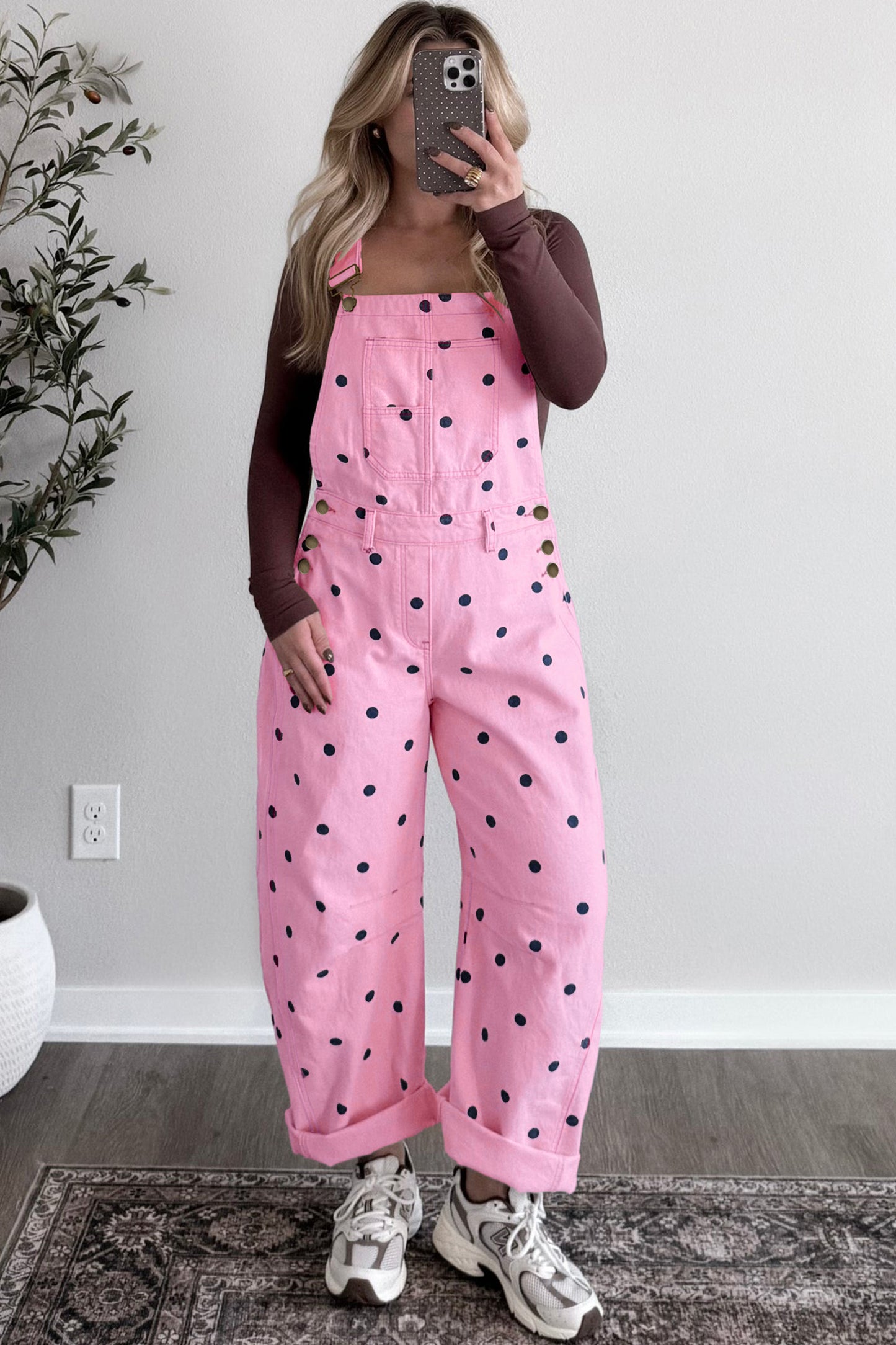 Light French Beige Polka Dot Print Bib Pocket Denim Barrel Overalls Jumpsuit