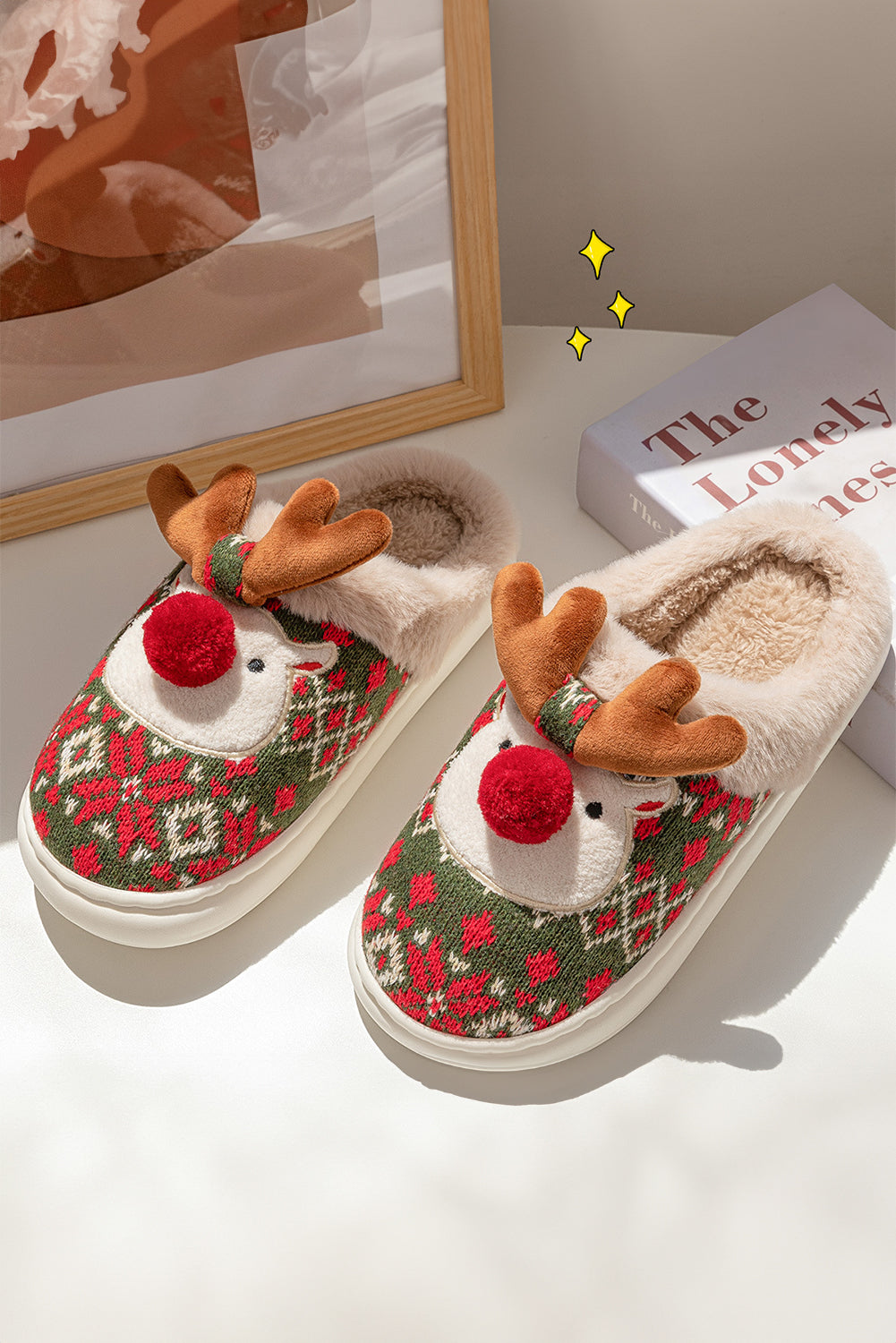 Fiery Red Christmas Cartoon Reindeer Plush Home Slippers